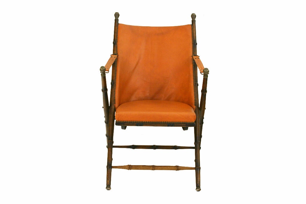Continental Oak, Brass, and Faux Leather Folding Campaign Chair 1