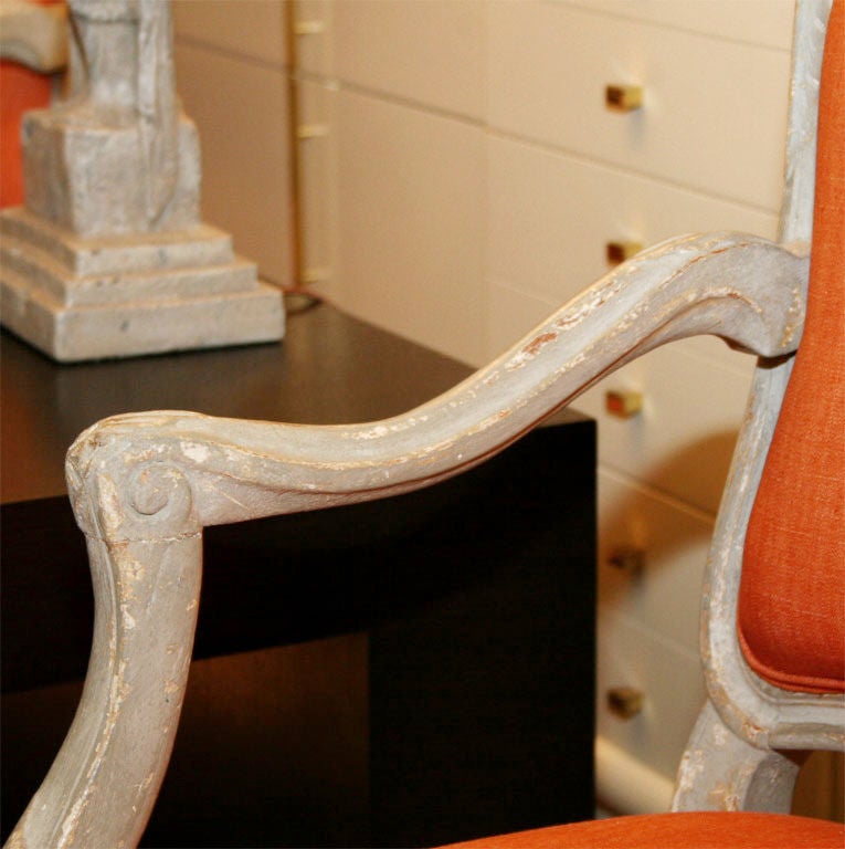 Painted French bergeres with orange upholstery 2