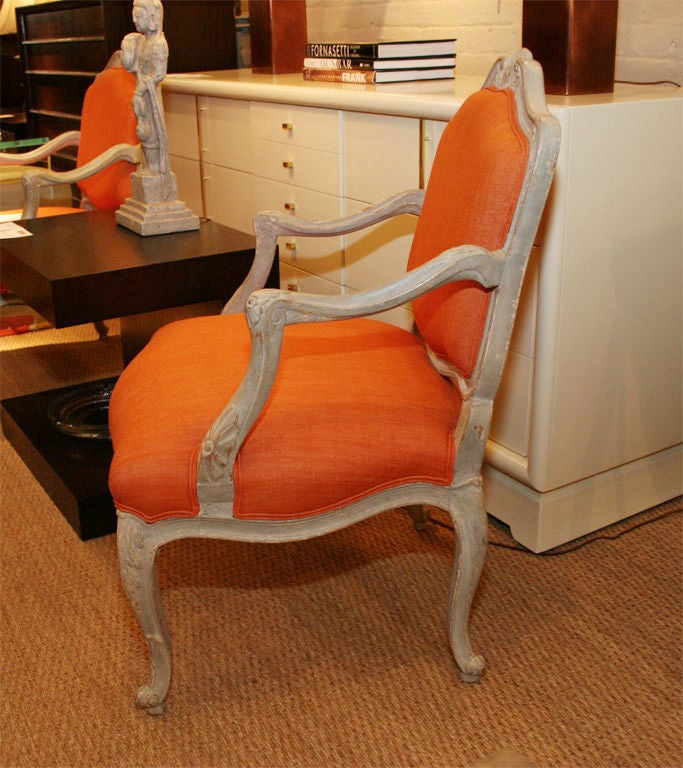 Painted French bergeres with orange upholstery 3