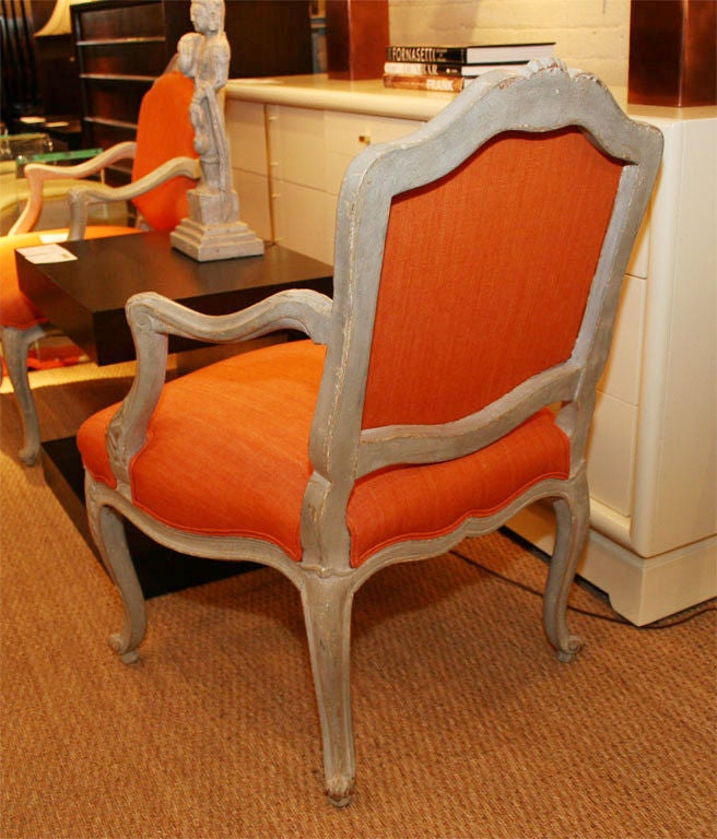 Painted French bergeres with orange upholstery 4