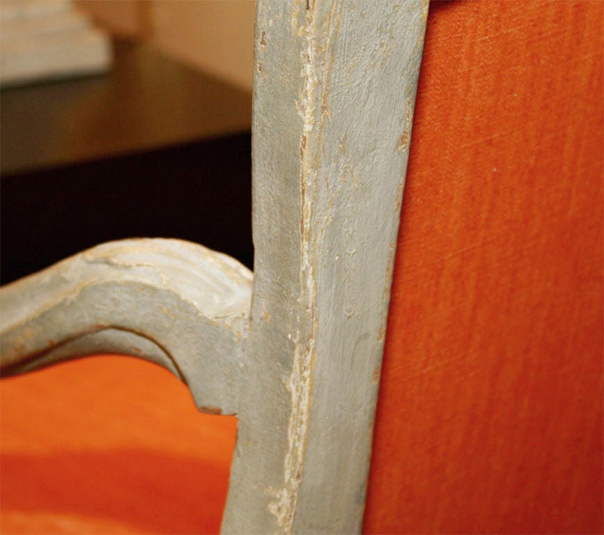 Painted French bergeres with orange upholstery 5