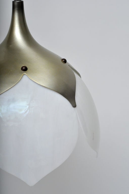 DARK BRASS AND WHITE GLASS FLOWER PETAL DESIGN CIRCA THE 1960S HANGING LIGHT.  MEASUREMENTS BELOW ARE FOR THE FIXTURE ONLY DOES NOT INCLUDE THE 24