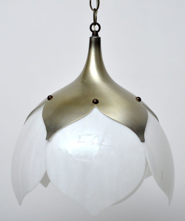 Brass And White Glass Flower Petal Pendant Light Circa 1960s 3
