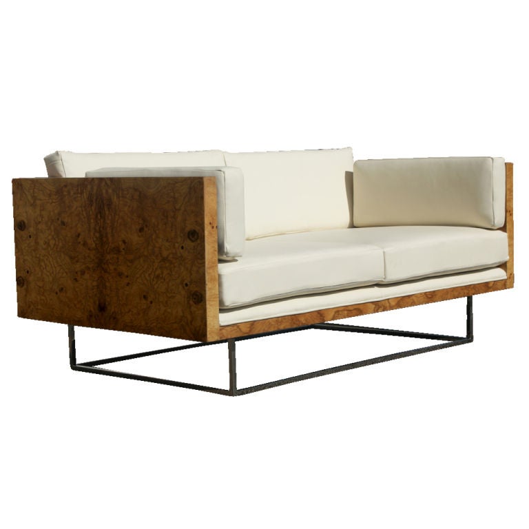 Extraordinary mid century modern olive burl two seat tuxedo arm sofa by Milo Baughman for Thayer Coggin.<br />
Newly reupholstered in white leather over a square tubular chrome frame.<br />
<br />
This ad is for (2) settees