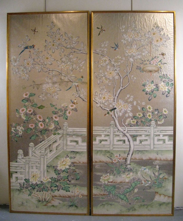 A pair of framed Chinoiserie motif Gracie wallpaper panels with beautiful silver leafed background.