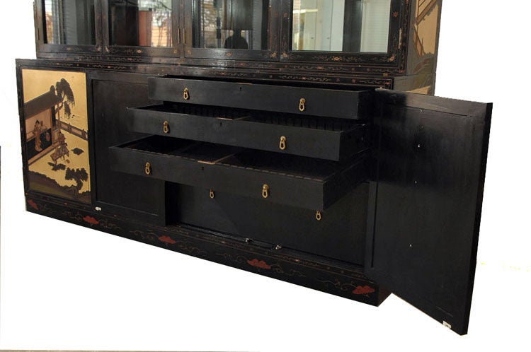 Black Lacquer and Gold Leafed Chinoiserie Breakfront 1970s