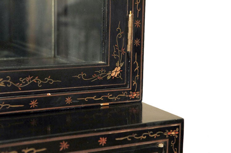 Glass Black Lacquer and Gold Leafed Chinoiserie Breakfront 1970s