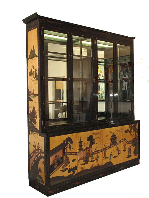 Black Lacquer and Gold Leafed Chinoiserie Breakfront 1970s 1