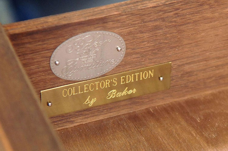 Absolutely stunning Gold Label Baker Campaign style Partners Desk from the Far East collection. This was the top of the line for Baker and is extremely well made. It was part of the collector's edition set that included a credenza which is available