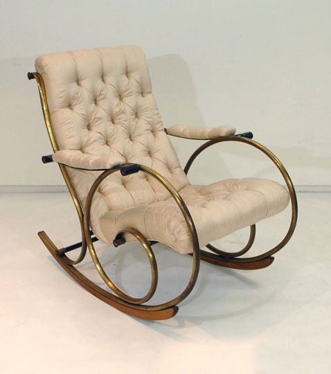 Woodard Scrolled Brass and Raw Silk Rocking Chair