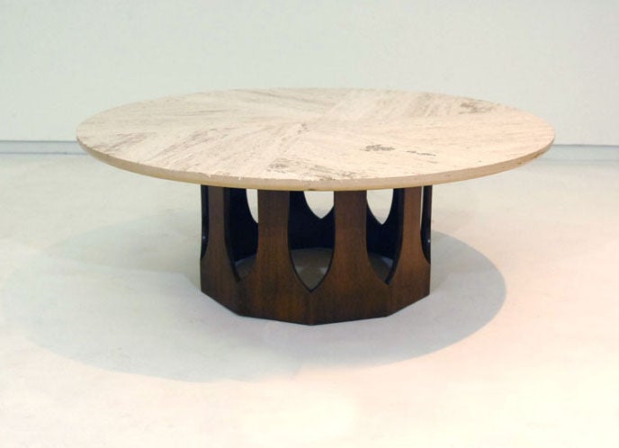 Early Harvey Probber Cocktail Table with variegated Travertine top and detailed Walnut Base.