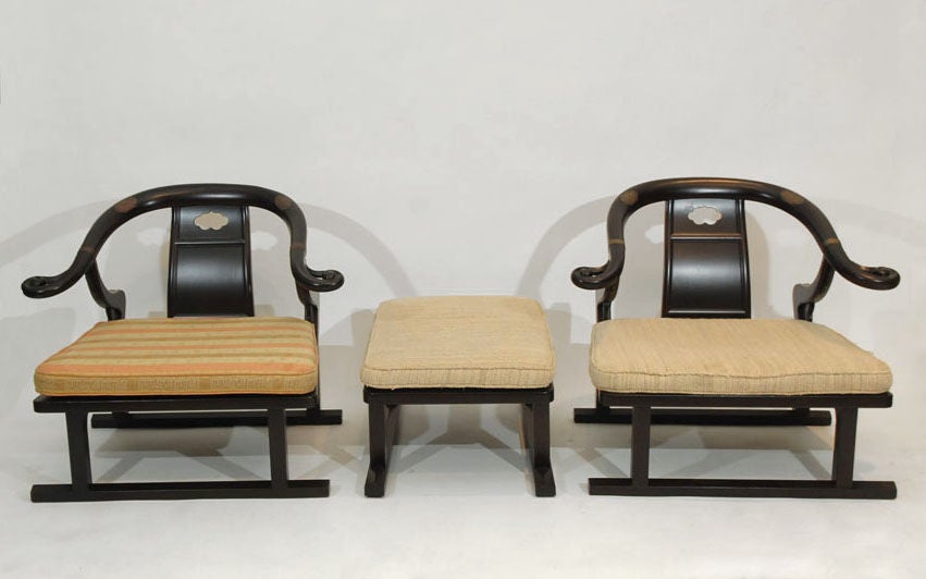 A pair of baker #2510 chairs from the Far East Collection. Chairs have been refinished with a dark Mocha finish identical to the original. The rare matching ottoman is included. Cushions will need to be re-done. A stunning ming dynasty influenced