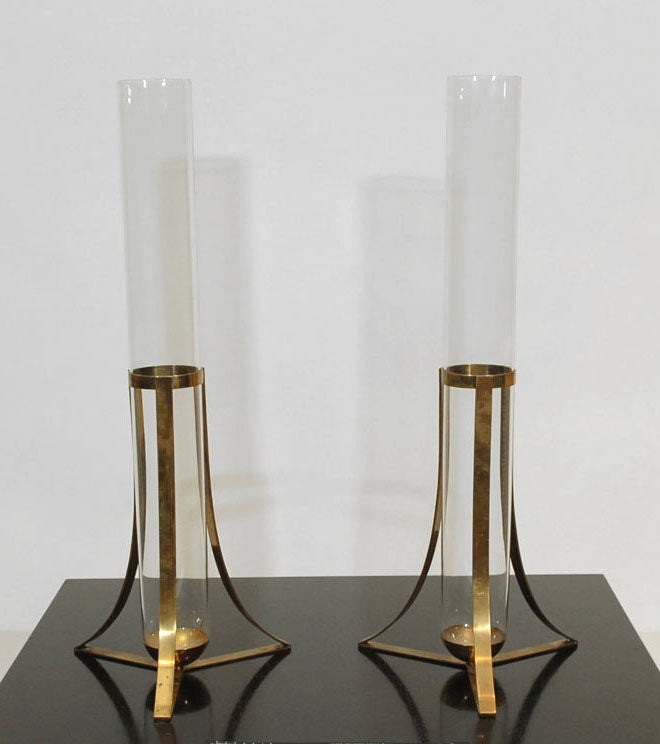 Pair of over-sized Gabriella Crespi brass and glass vases. Sold through the original Neiman Marcus when they were representing her work in the early 70's. Exquisite.