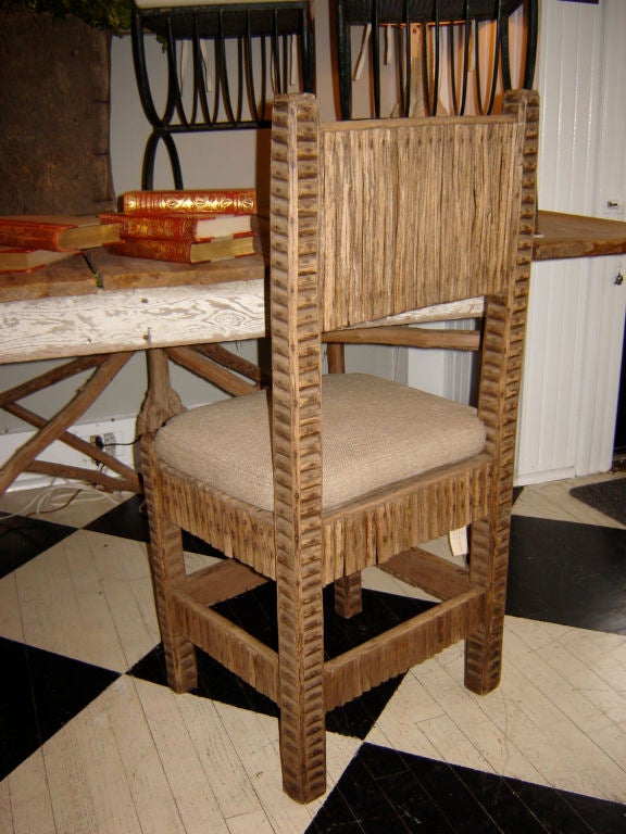 Three unusual twig side chairs with new cushions upholstered in burlap style linen. Very sturdy, but best used as side or hall chairs. Sold individually for $75- a piece.