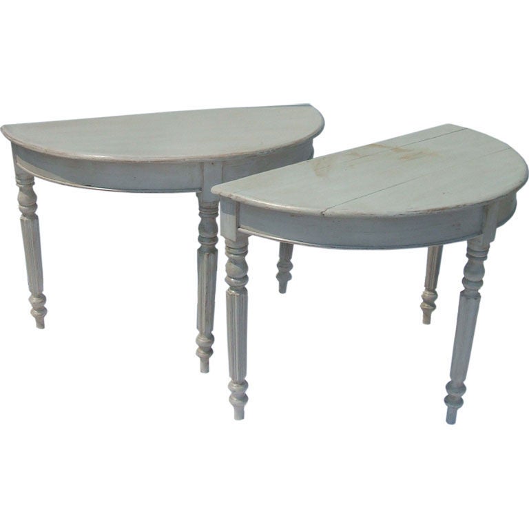 Pair of antique painted demi lune tables