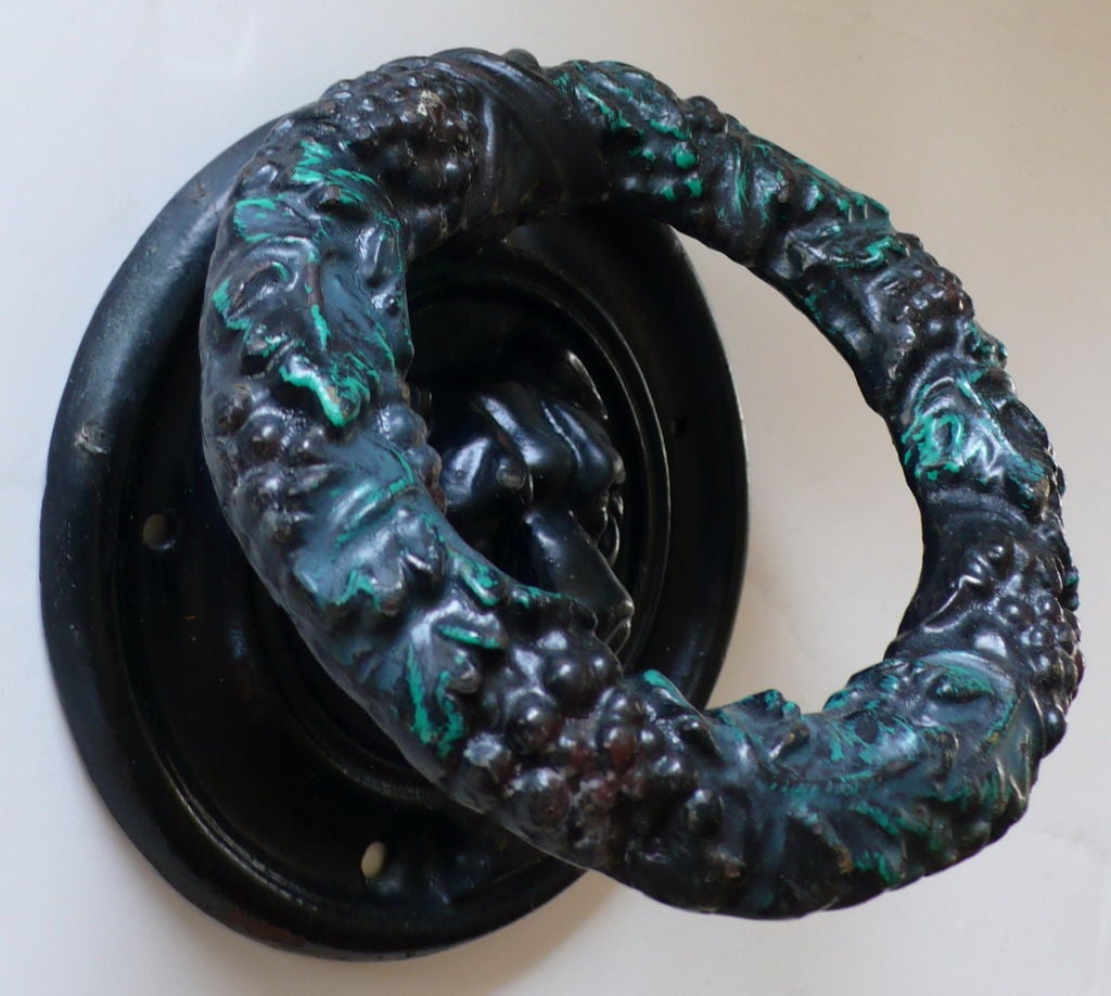 Very Handsome Door Knocker with the face of a dog and a grape pattern with leaves on the knocker, Old painted finish, black & green