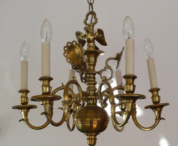 Heavy Brass Eagle Chandelier with 3 removable candle snuffers on top, 6 arms, 18th century fixture converted to electric