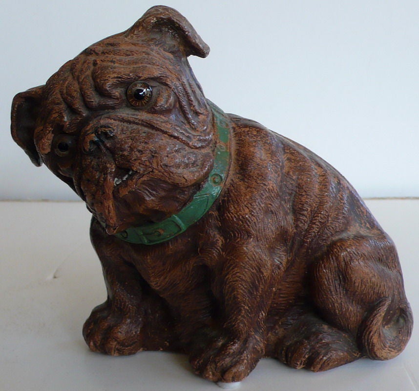 Wonderful Expressive Face Bull Dog, Nice Detailing with Eyes and Teeth and Handsome Green Collar, Made of Compressed Wood, Good Weight