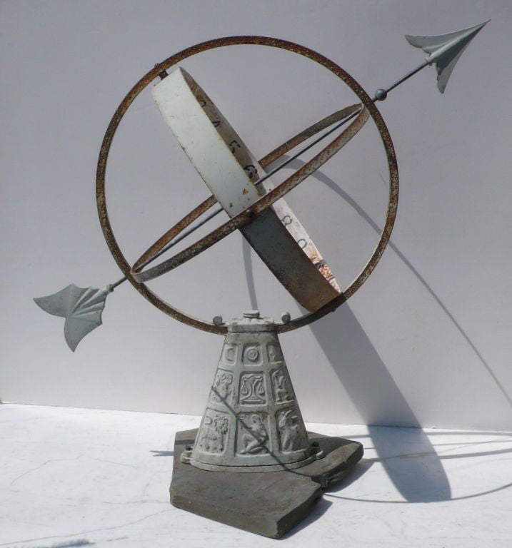 Very Handsome Iron Armillary on a stone base, Has Zodiac symbols on bottom half, Original Pale Green old surface