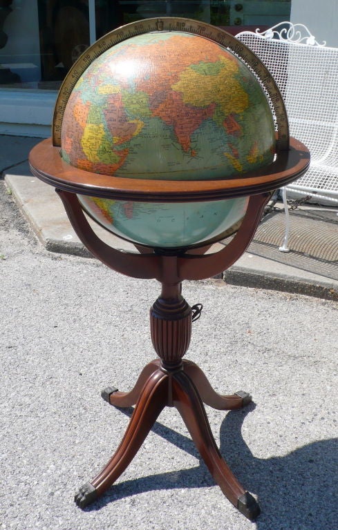 Handsome Mahogany Base for this Replogle World Library Globe, Brass Trim feet, Electrified