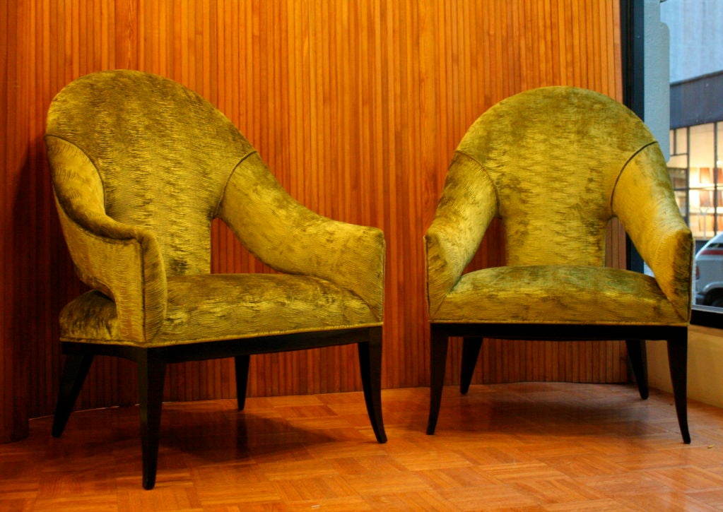 Pair of unusual  armchairs, Italian  mid-century  modern.  Newly restored and upholstered.<br />
Discounted item is net price