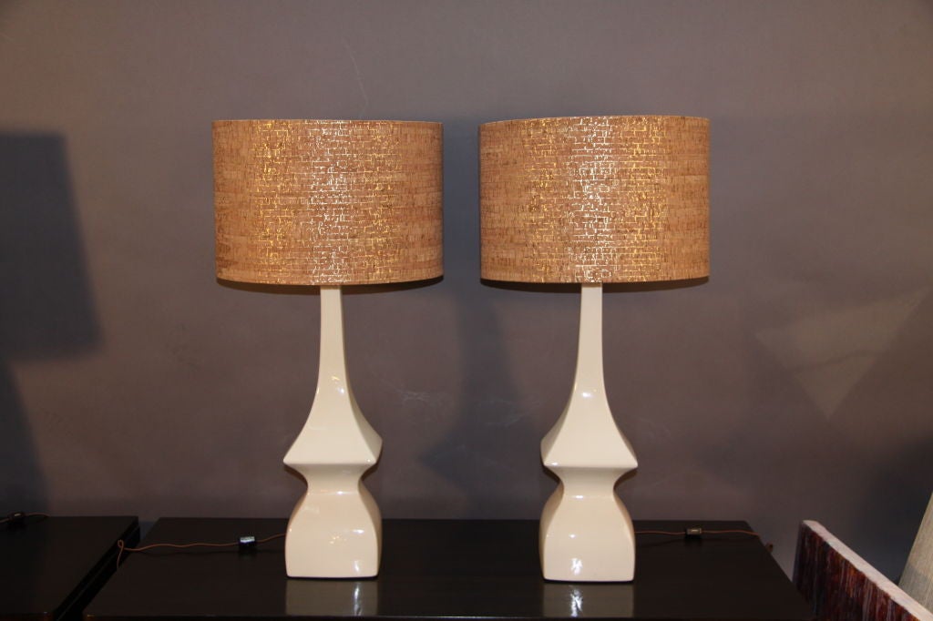 American Pair of cream pagoda shaped ceramic lamps