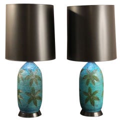 Pair of green and blue floral  composition lamps