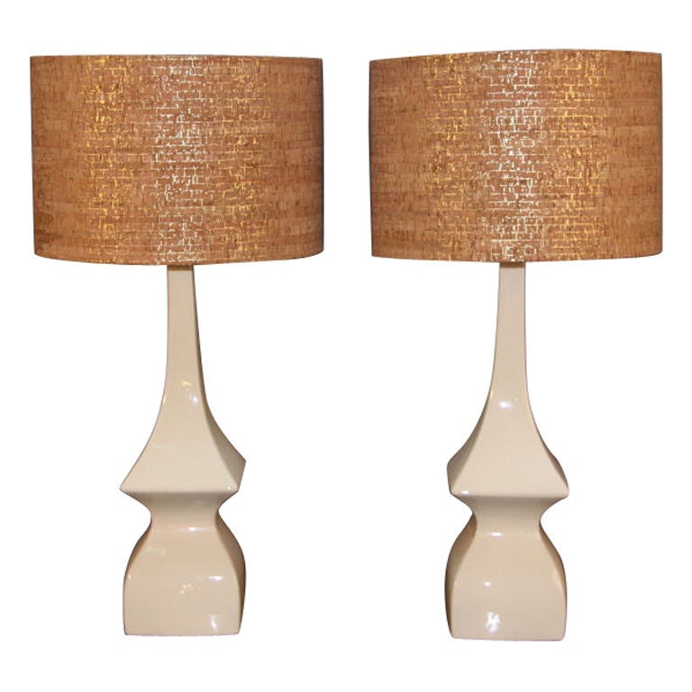 Pair of cream pagoda shaped ceramic lamps