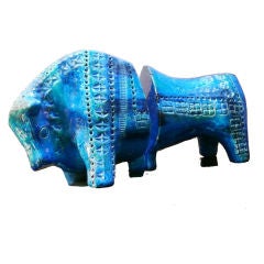 Blue Glazed Ceramic Bull Bookends by Bitossi