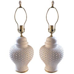 Pair of White ceramic filegree Ginger Jar with lamp application