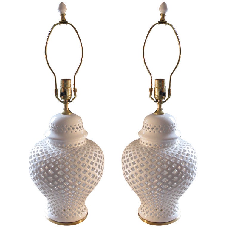 Pair of White ceramic filegree Ginger Jar with lamp application at 1stDibs