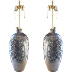 Pair of large hand crafted ceramic vessels with lamp application