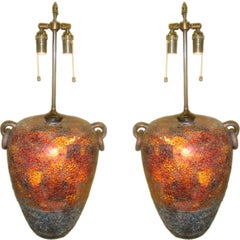 Retro Pair of 1970's crackled glass Table lamps