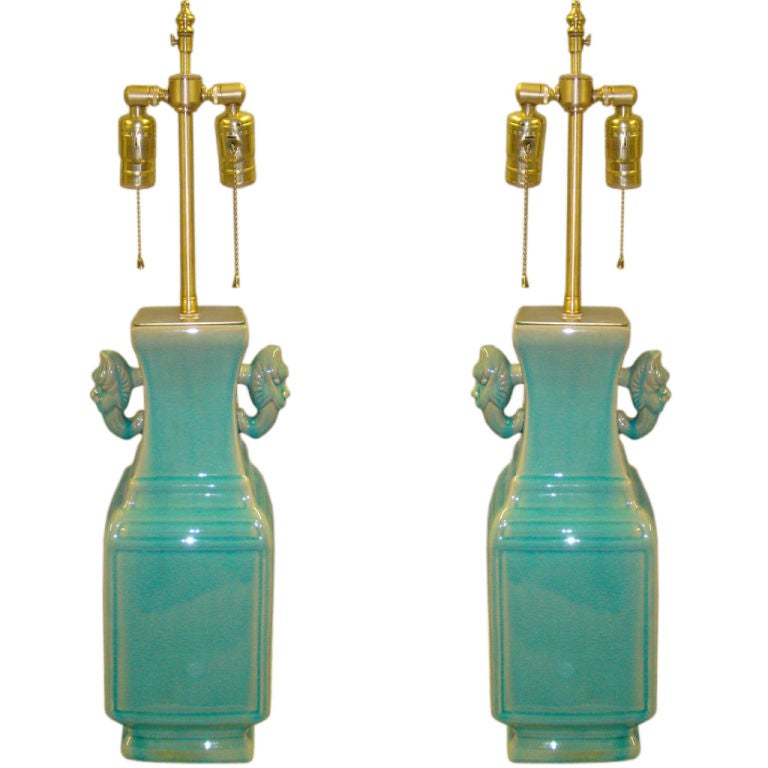 1960's Pair of turquoise Chinese style  table lamps