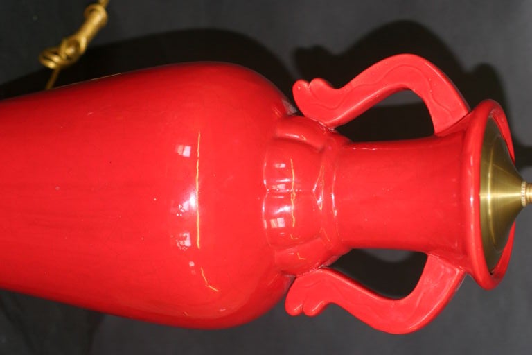 American Pair of 1960's Red vases with lamp application.