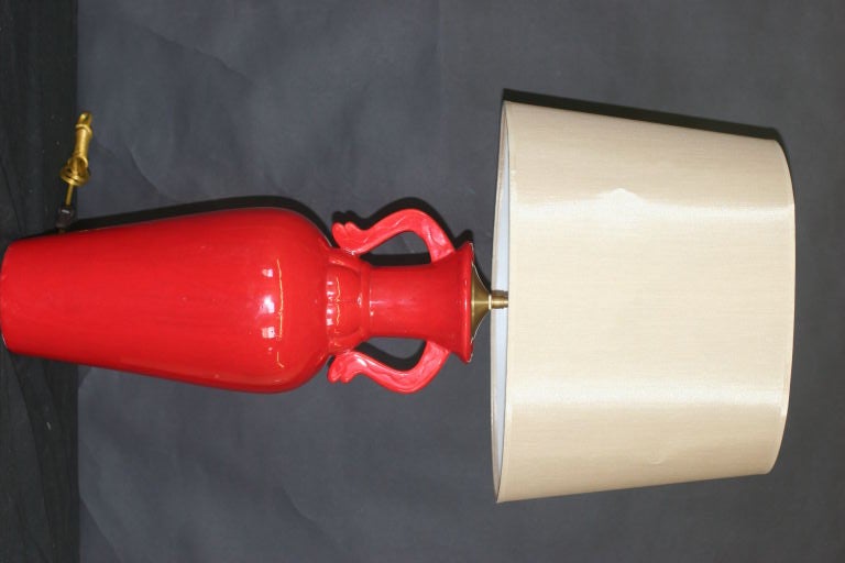 Pair of 1960's Red vases with lamp application. In Excellent Condition In Bronx, NY