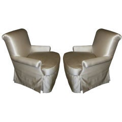 Elegant Pair of 1940's  Club Chairs in a soft white silk.