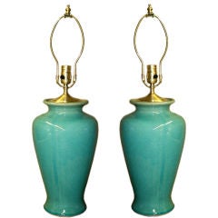Pair of Celadon style Glazed ceramic table lamps in Turquoise