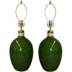 Pair of Asian style table lamps  In Glazed Green w/raffia bands.
