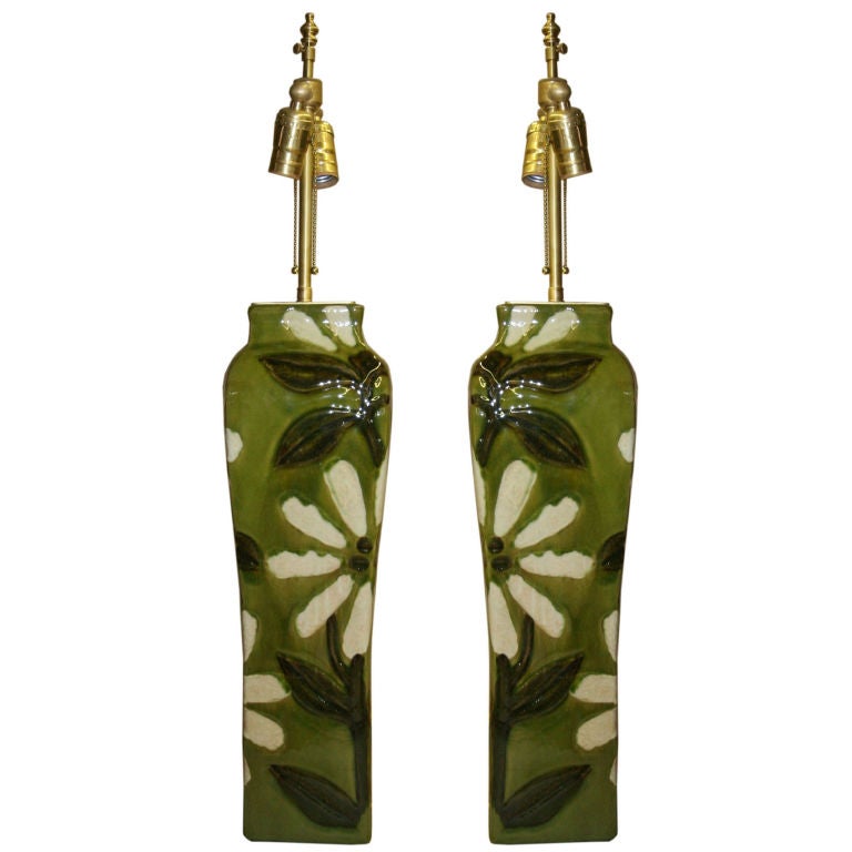 Pair of 1960's hand made glazed ceramic table lamps.
