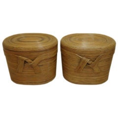 Pair of Vintage Rattan Oval Sidetables with Knot Decor on Front