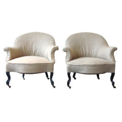 Antique Pair of Napoleon III Linen Chairs with Casters