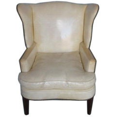 Antique Wing Chair with Original White Leather Upholstery