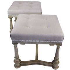 Vintage Tufted Square Bench with Wheat Linen Upholstered Top