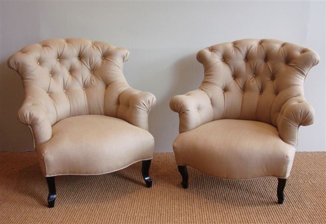 Pair of Napoleon III Tufted Back Chaffeuses<br />
New Upholstery in Toast Linen<br />
French, Circa 1890<br />
Seat 14