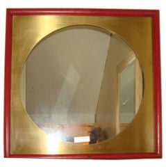Vintage French Red Leather Square Mirror with Brass