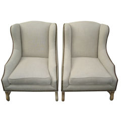 Pair of Linen French Wing Chairs with Nailhead Trim
