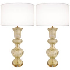 Pair of Barovier Large Pale Gold Fluted Glass Lamps