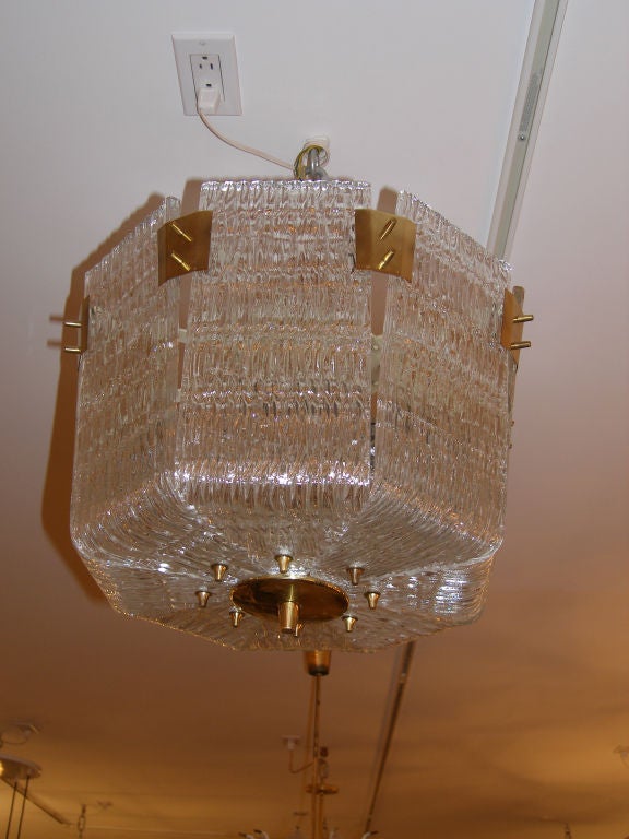 Orrefors 8 Paneled Glass & Brass Chandelier