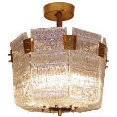 Orrefors 8 Paneled Glass & Brass Chandelier